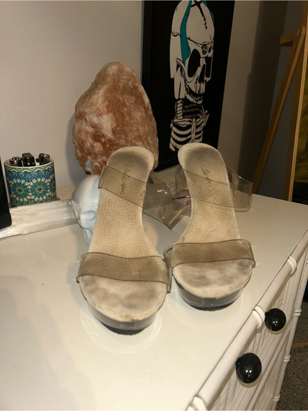 Clear Strap Beige Slide Heels for Bikini Competitions